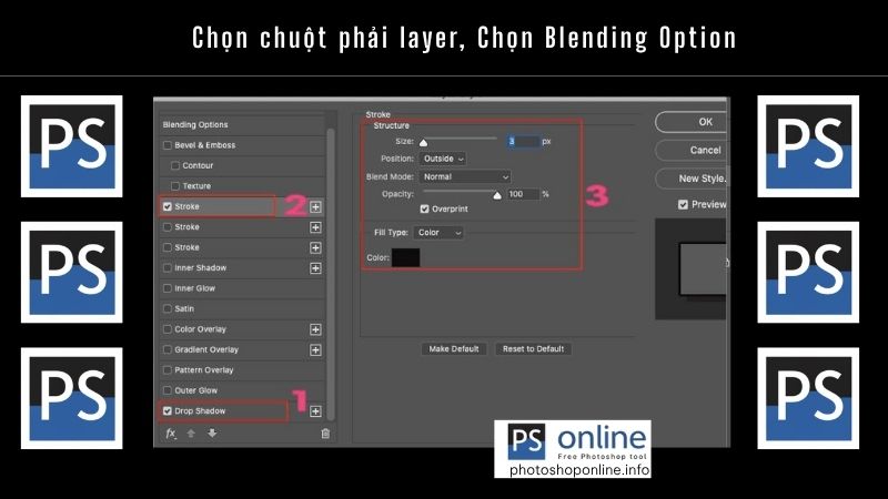 Chọn chuột phải layer, Chọn Blending Option