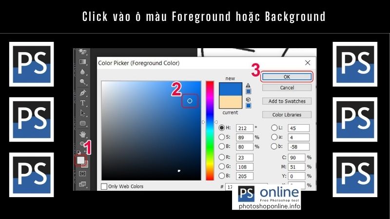 Hướng dẫn chi tiết cách tô màu và đổ màu trong Photoshop đơn giản, dễ thực hiện 6 Click vào ô màu Foreground hoặc Background